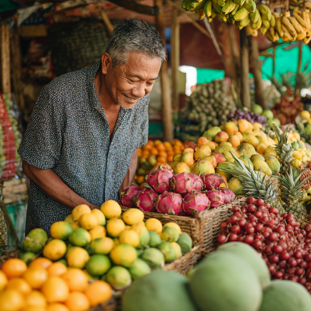 Мъж на 58 години разглежда пъстроцветни плодове и зеленчуци на пазарен щанд