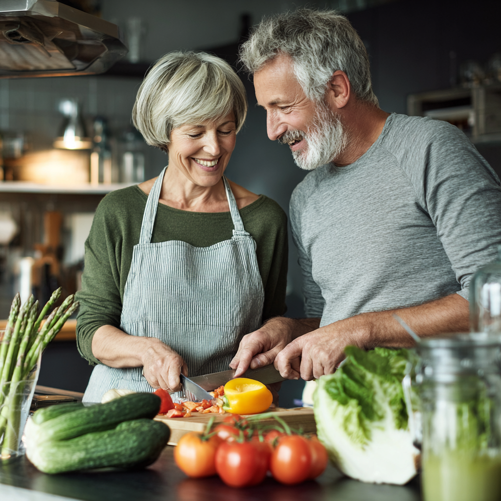 Двойка на средна възраст, около 55 години, готви заедно здравословна храна в модерна кухня