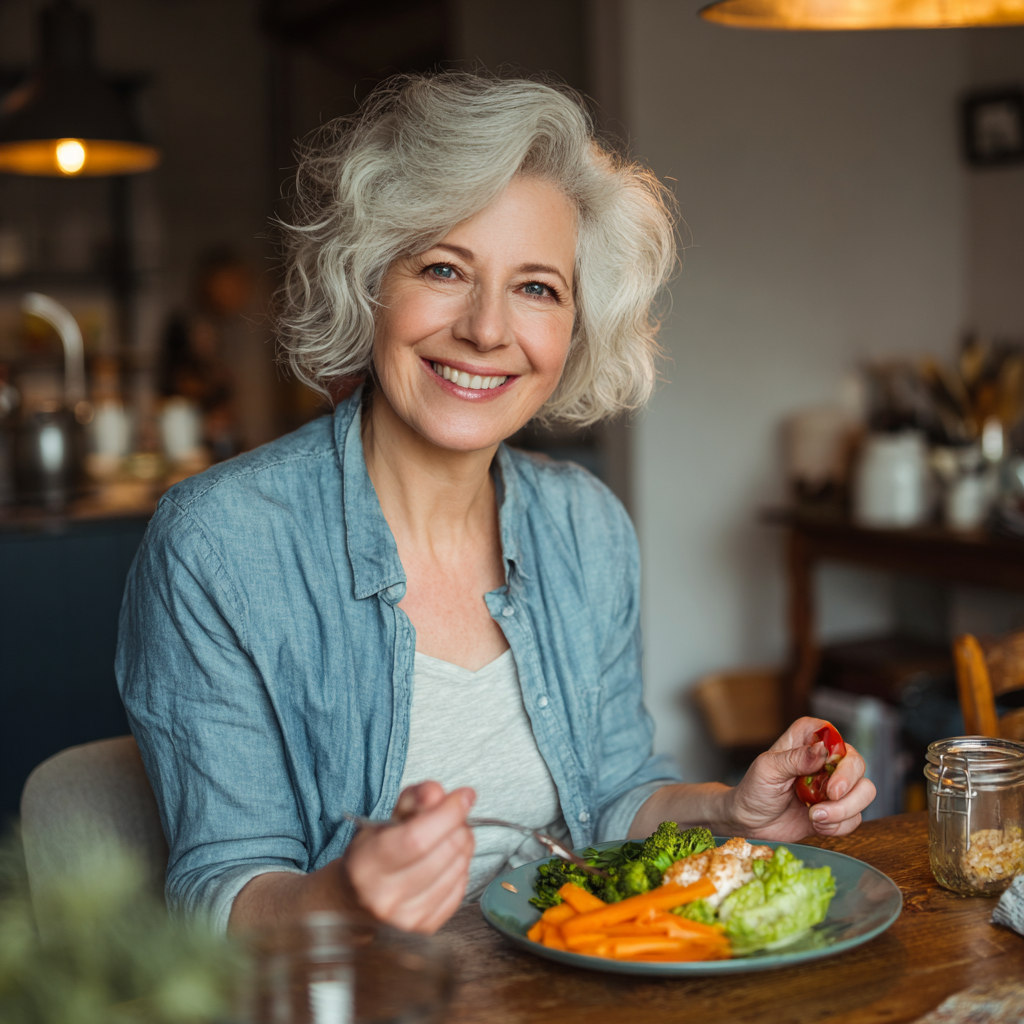 Усмихната жена на 55 години с чиния здравословна храна в ръцете, седнала на кухненска маса